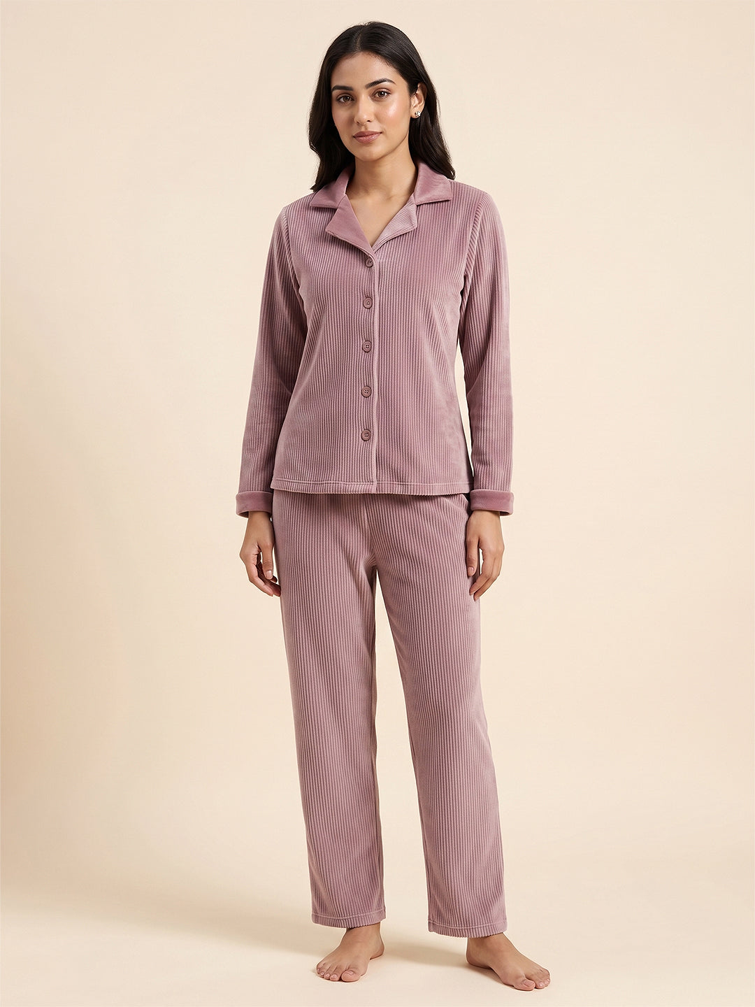 Fablush Front Open Full Sleeves Nightsuit Women's Nightwear Set | Fb37002 Pink