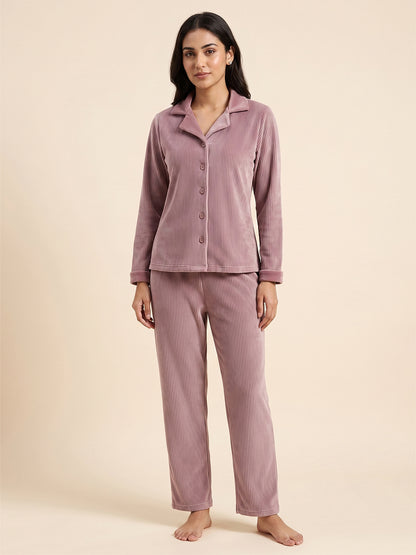 Fablush Front Open Full Sleeves Nightsuit Women's Nightwear Set | Fb37002 Pink