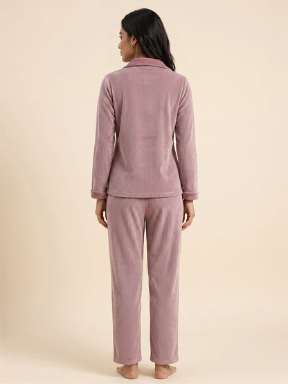 Fablush Front Open Full Sleeves Nightsuit Women's Nightwear Set | Fb37002 Pink