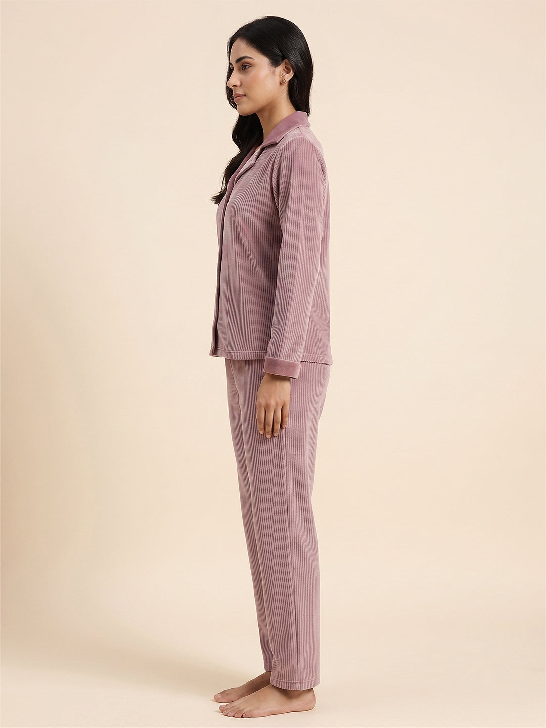 Fablush Front Open Full Sleeves Nightsuit Women's Nightwear Set | Fb37002 Pink