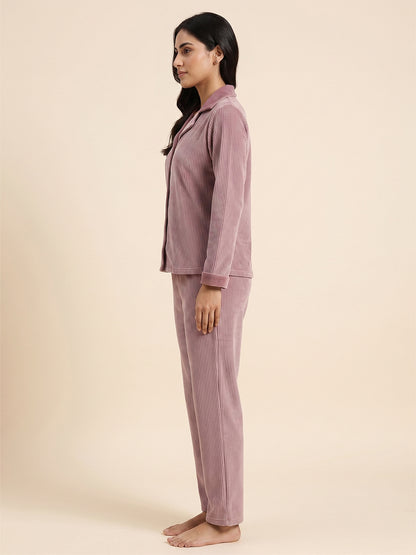 Fablush Front Open Full Sleeves Nightsuit Women's Nightwear Set | Fb37002 Pink