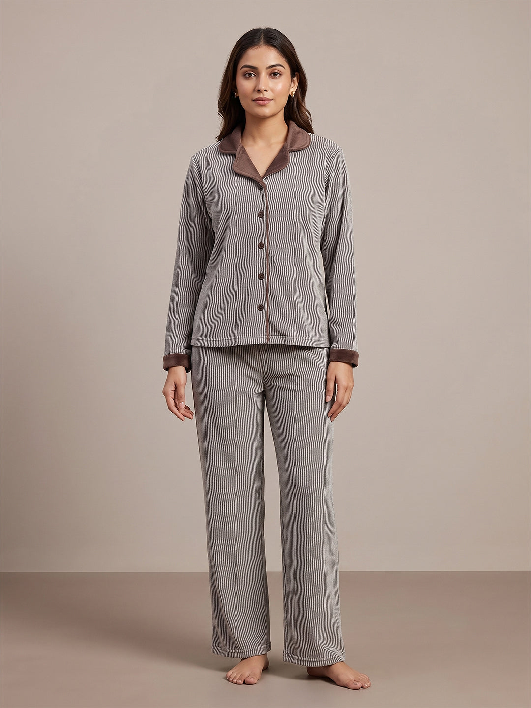 Fablush Front Open Full Sleeves Nightsuit Women's Nightwear Set | Fb37002 Grey
