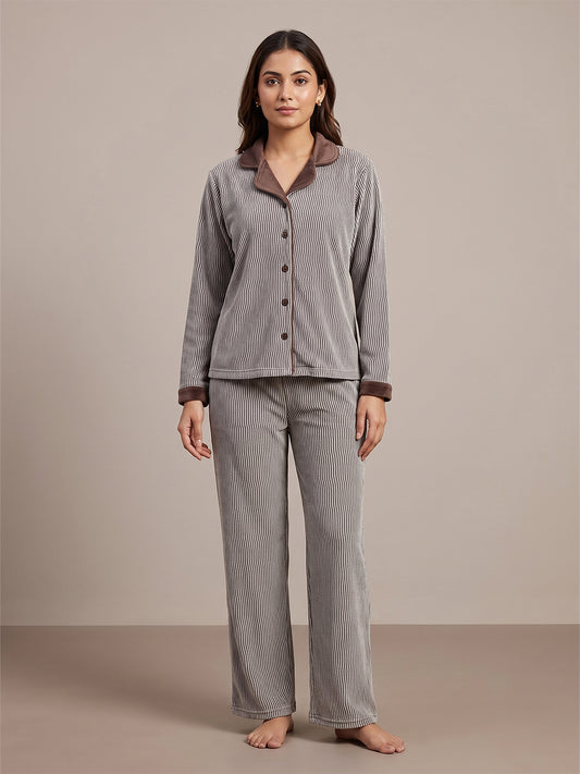 Fablush Front Open Full Sleeves Nightsuit Women's Nightwear Set | Fb37002 Grey