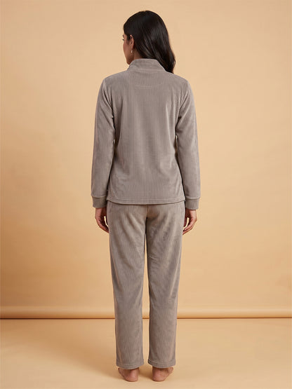 Fablush Front Open Full Sleeves Nightsuit Women's Nightwear Set | Fb37002 Grey