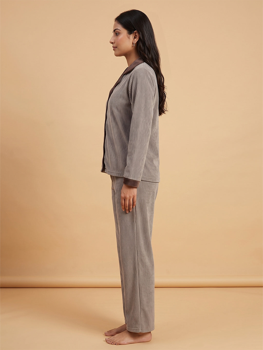 Fablush Front Open Full Sleeves Nightsuit Women's Nightwear Set | Fb37002 Grey