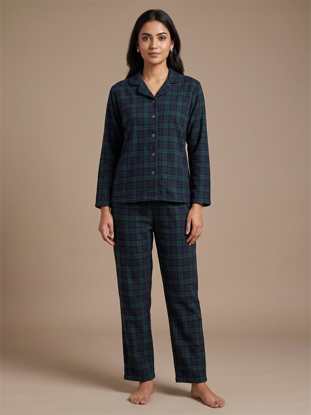 Fablush Womens Front Open Full Sleeves Nightsuit | Bonded With Fur | Fb37003 Green Checks