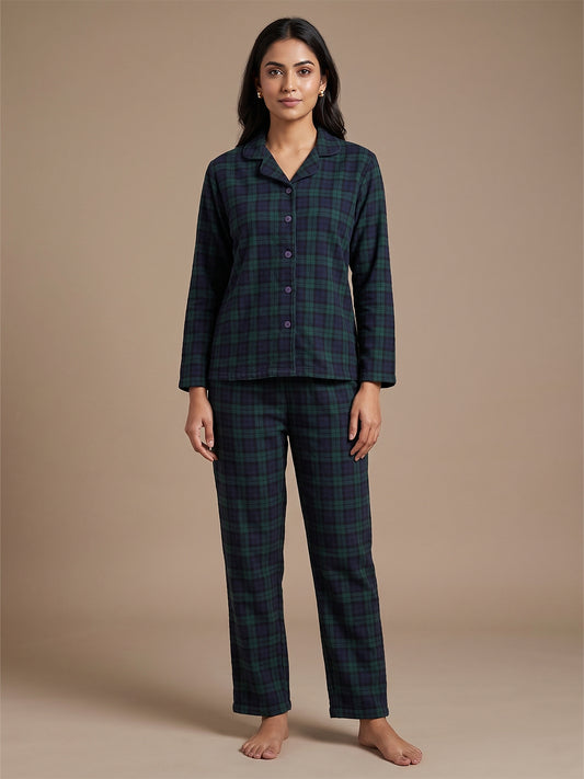 Fablush Womens Front Open Full Sleeves Nightsuit | Bonded With Fur | Fb37003 Green Checks