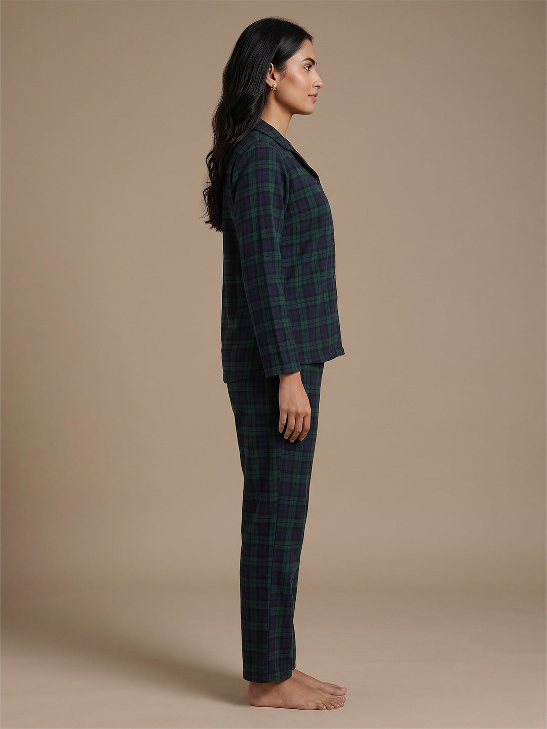 Fablush Womens Front Open Full Sleeves Nightsuit | Bonded With Fur | Fb37003 Green Checks