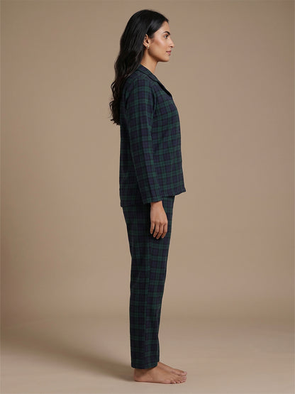 Fablush Womens Front Open Full Sleeves Nightsuit | Bonded With Fur | Fb37003 Green Checks