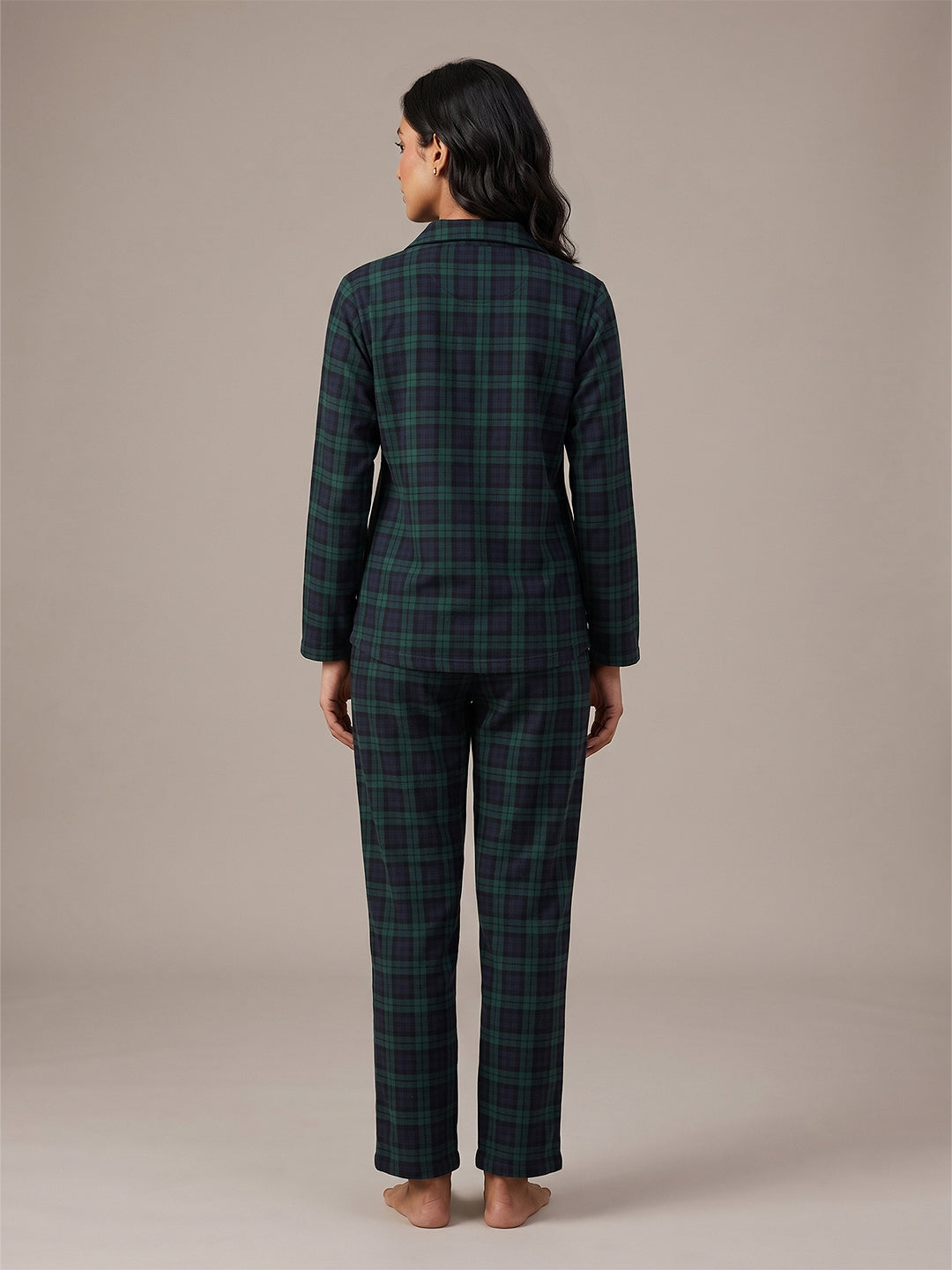 Fablush Womens Front Open Full Sleeves Nightsuit | Bonded With Fur | Fb37003 Green Checks