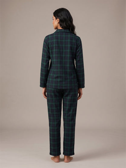 Fablush Womens Front Open Full Sleeves Nightsuit | Bonded With Fur | Fb37003 Green Checks