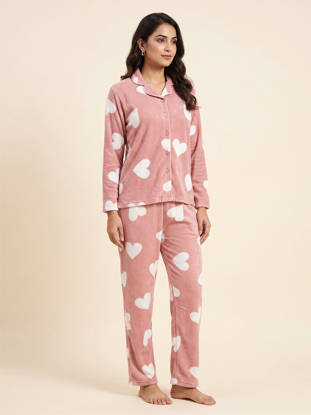 Fablush Women’s Front Open Full Sleeves Nightsuit | Double Side Velour Printed Winter Nightwear Set | Fb37004 Peach Heart Print