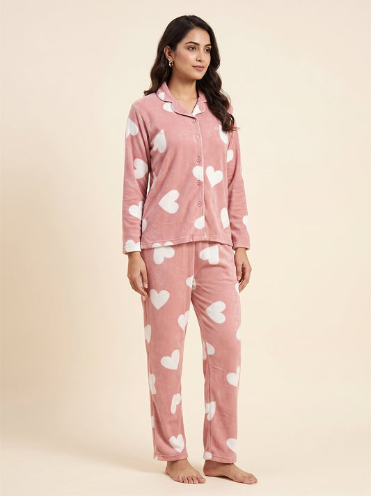 Fablush Women’s Front Open Full Sleeves Nightsuit | Double Side Velour Printed Winter Nightwear Set | Fb37004 Peach Heart Print