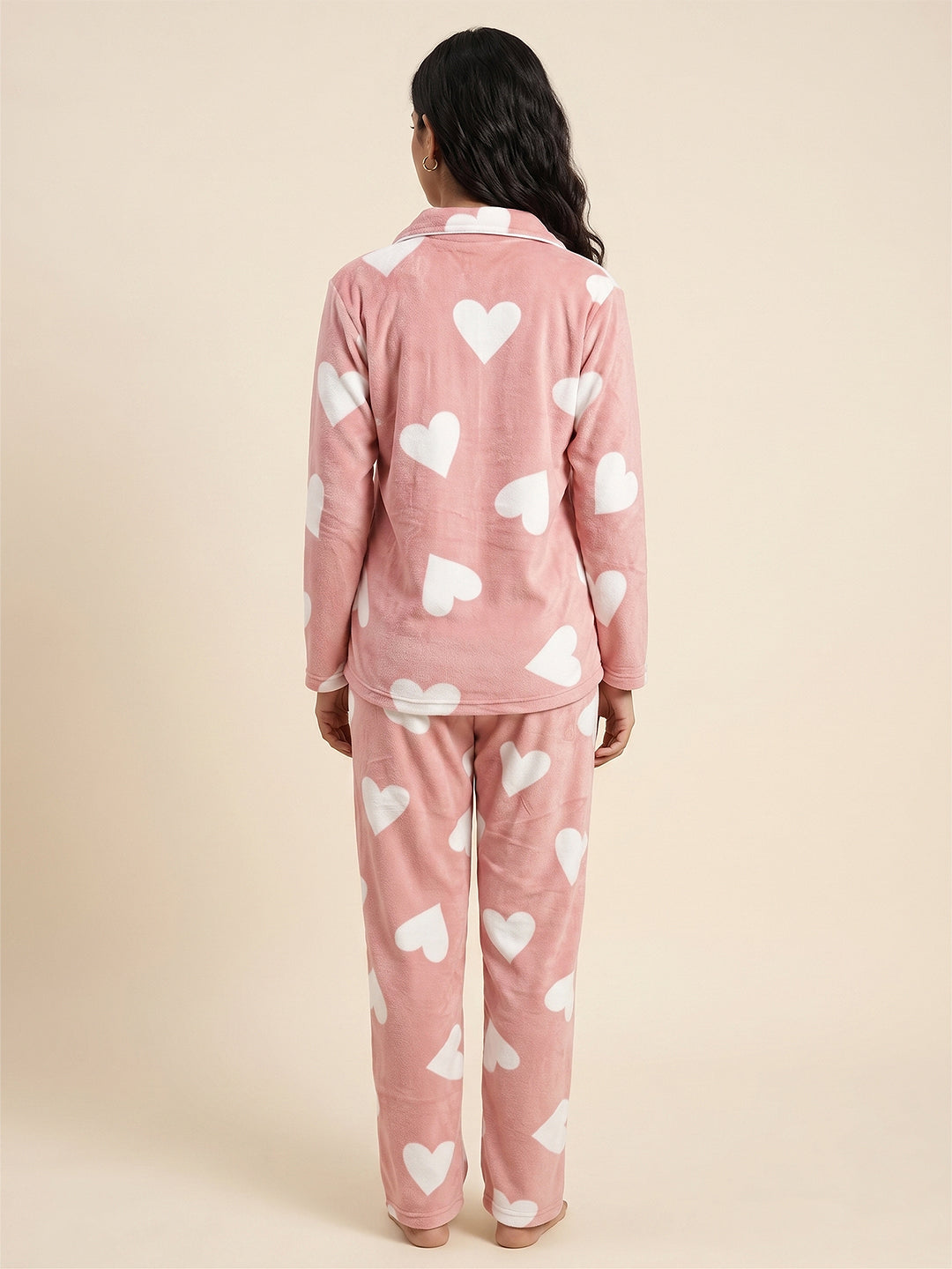Fablush Women’s Front Open Full Sleeves Nightsuit | Double Side Velour Printed Winter Nightwear Set | Fb37004 Peach Heart Print