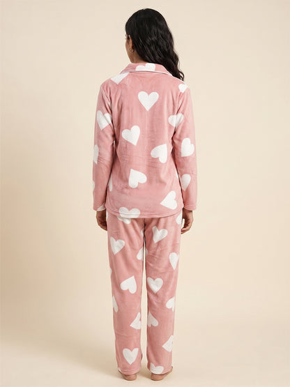 Fablush Women’s Front Open Full Sleeves Nightsuit | Double Side Velour Printed Winter Nightwear Set | Fb37004 Peach Heart Print