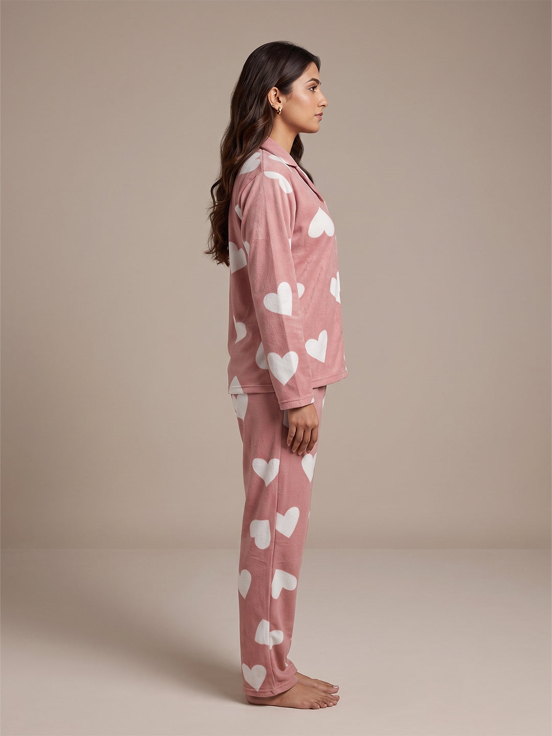 Fablush Women’s Front Open Full Sleeves Nightsuit | Double Side Velour Printed Winter Nightwear Set | Fb37004 Peach Heart Print