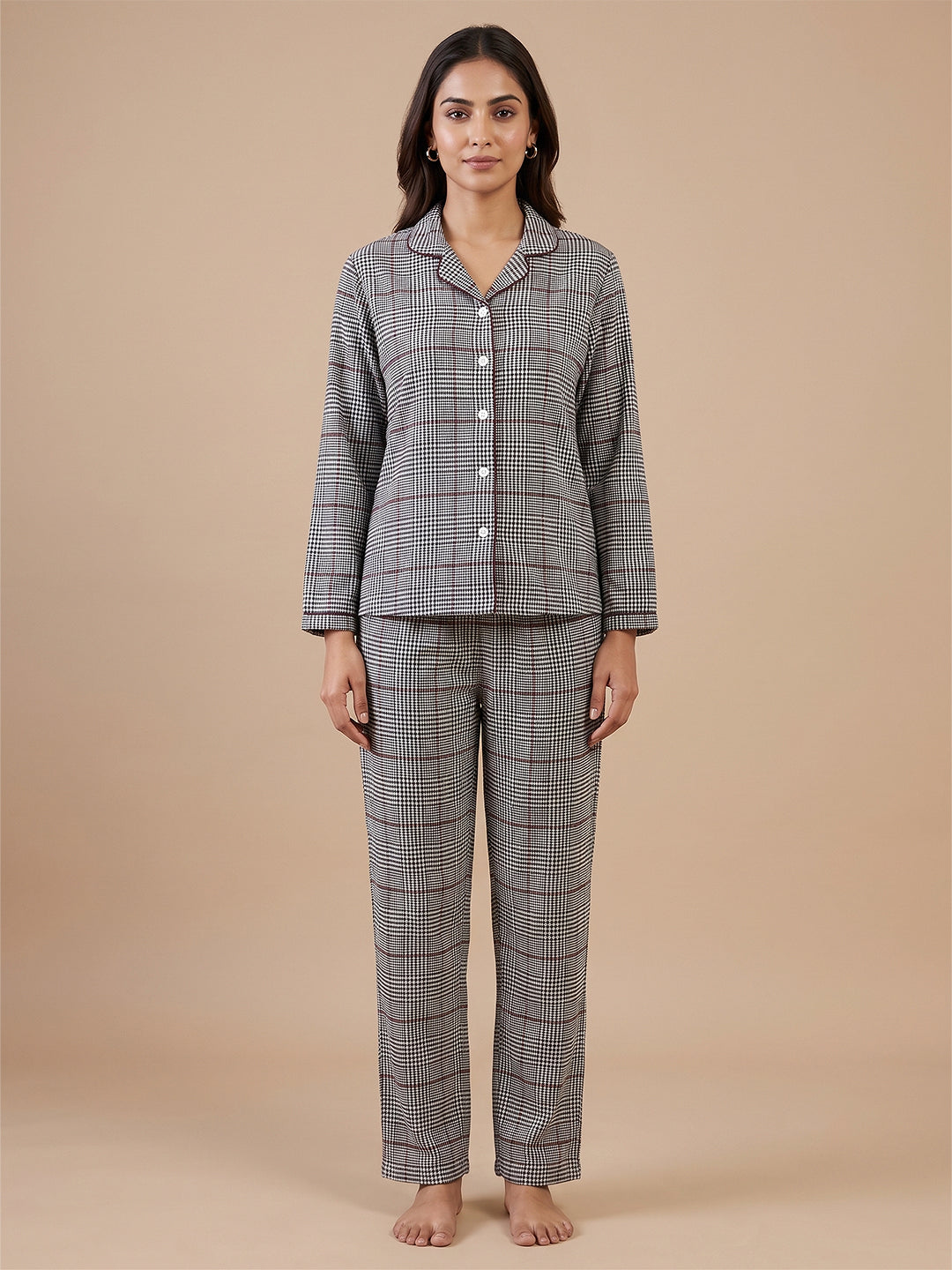 Fablush Womens Front Open Full Sleeves Nightsuit | Bonded With Fur | Fb37005 Grey White Checks
