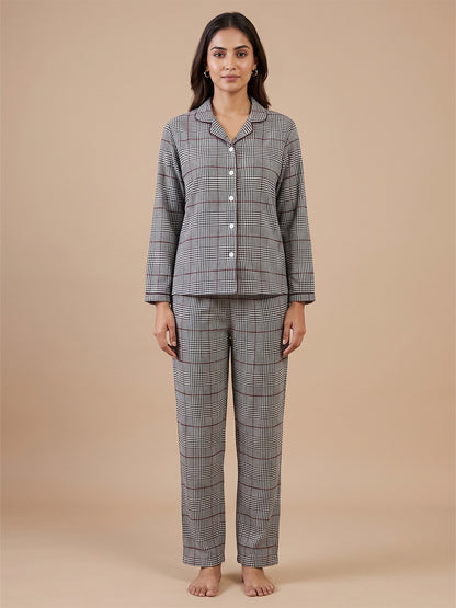 Fablush Womens Front Open Full Sleeves Nightsuit | Bonded With Fur | Fb37005 Grey White Checks