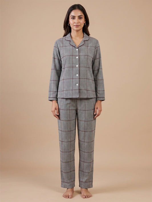 Fablush Womens Front Open Full Sleeves Nightsuit | Bonded With Fur | Fb37005 Grey White Checks