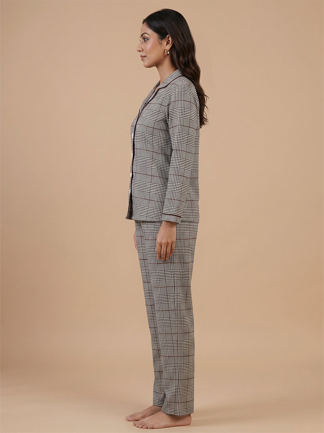Fablush Womens Front Open Full Sleeves Nightsuit | Bonded With Fur | Fb37005 Grey White Checks