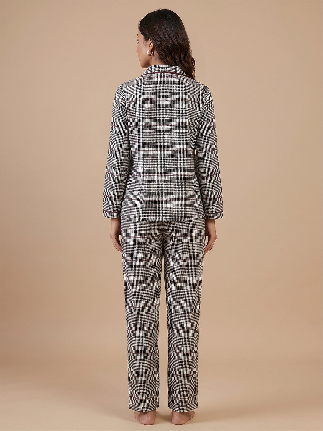 Fablush Womens Front Open Full Sleeves Nightsuit | Bonded With Fur | Fb37005 Grey White Checks