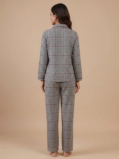 Fablush Womens Front Open Full Sleeves Nightsuit | Bonded With Fur | Fb37005 Grey White Checks
