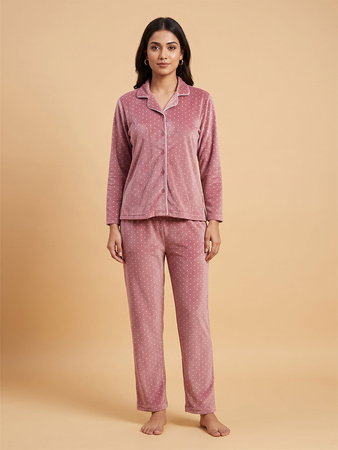 Fablush Women’s Front Open Full Sleeves Nightsuit Set | Printed Velour | Fb37006 Brown Polka Dot
