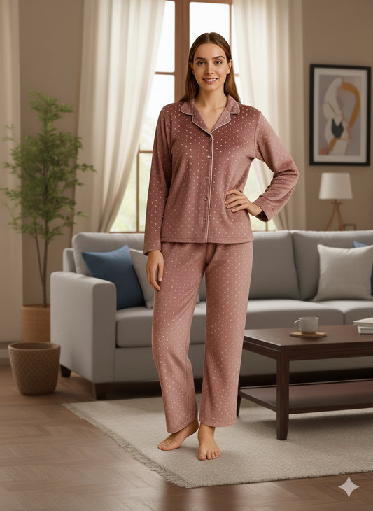 Fablush Women’s Front Open Full Sleeves Nightsuit Set | Printed Velour | Fb37006
