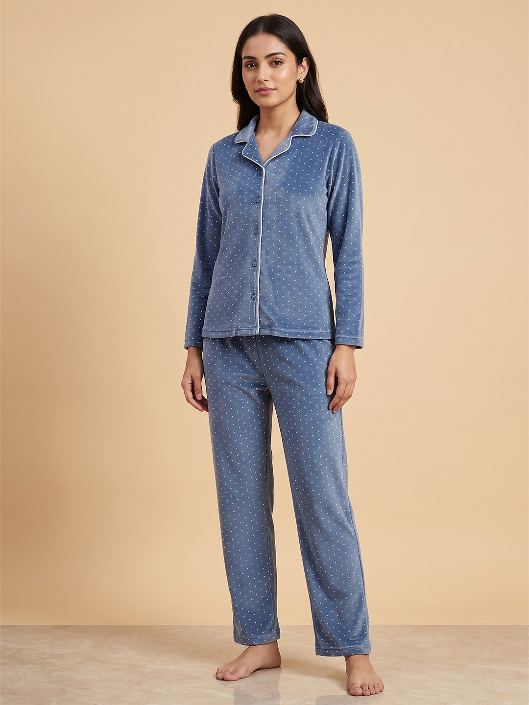 Fablush Women’s Front Open Full Sleeves Nightsuit Set | Velour | Fb37007 Blue Polka Dot