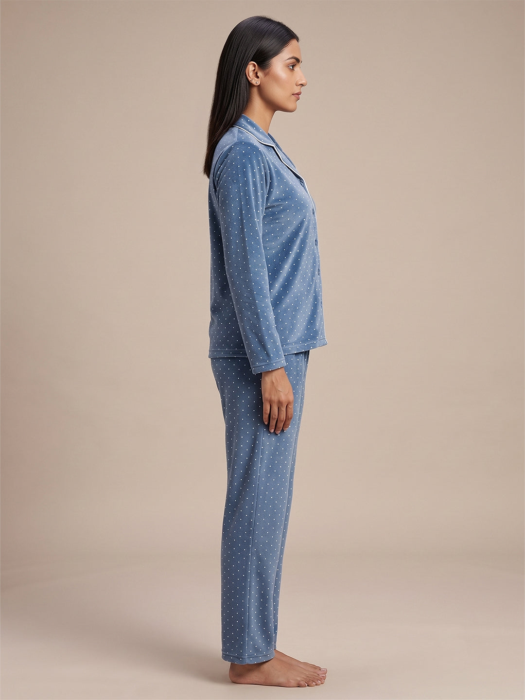 Fablush Women’s Front Open Full Sleeves Nightsuit Set | Velour | Fb37007 Blue Polka Dot