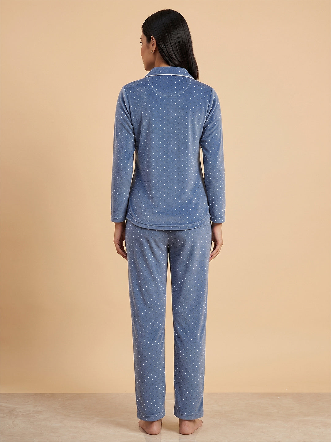 Fablush Women’s Front Open Full Sleeves Nightsuit Set | Velour | Fb37007 Blue Polka Dot