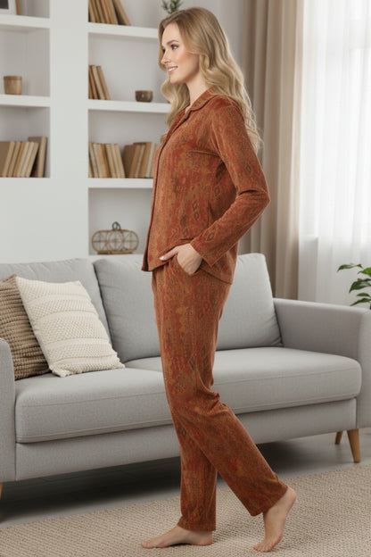 Fablush Women’s Front Open Full Sleeves Nightsuit | Soft Printed Velour Nightwear | FB37008