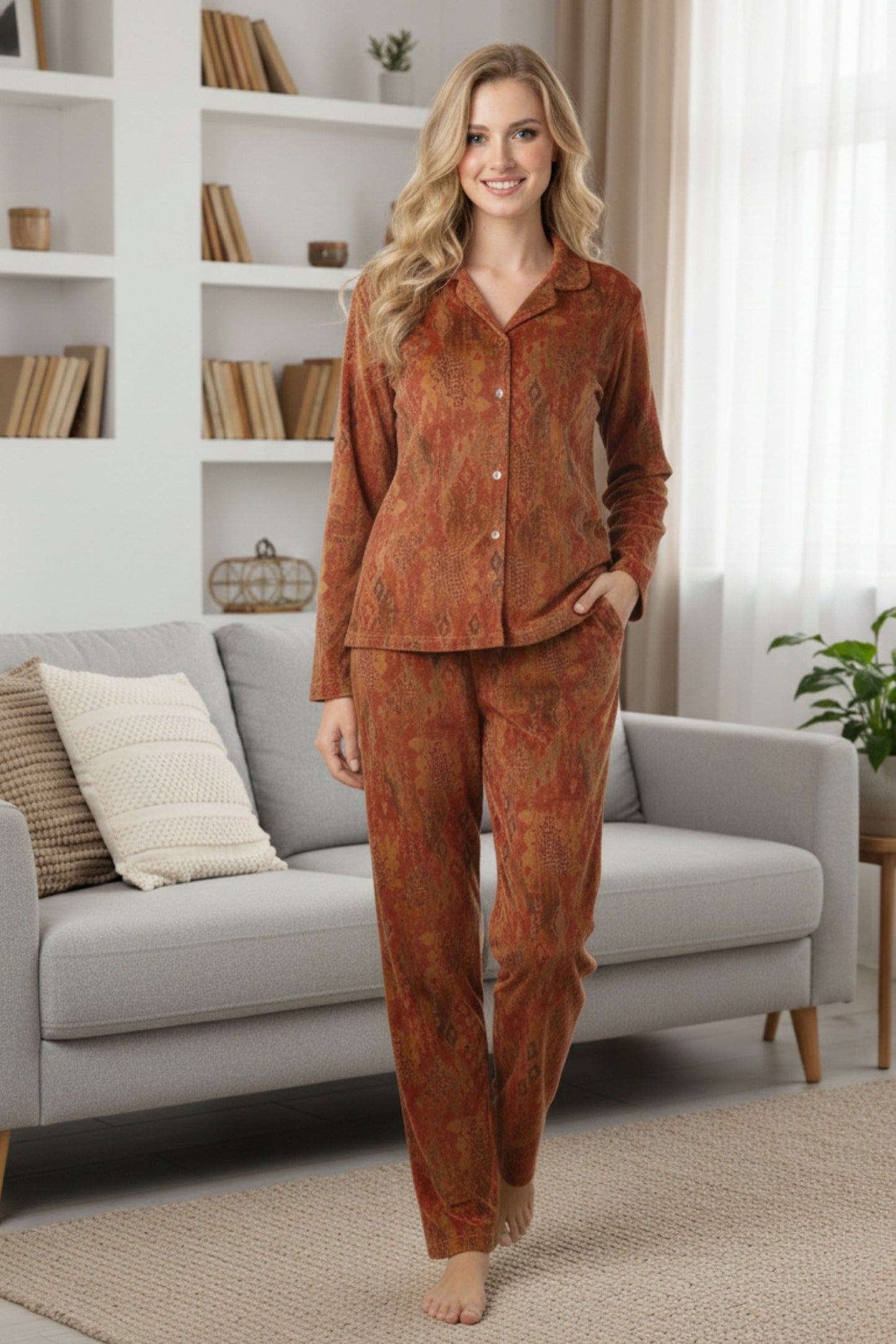 Fablush Women’s Front Open Full Sleeves Nightsuit | Soft Printed Velour Nightwear | FB37008