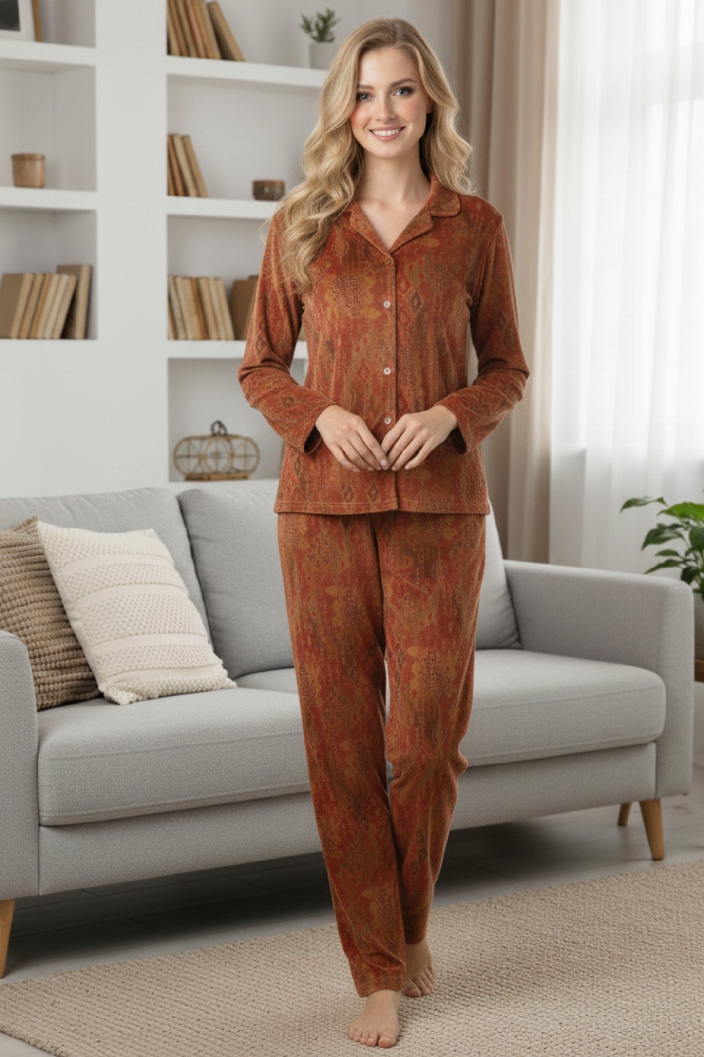 Fablush Women’s Front Open Full Sleeves Nightsuit | Soft Printed Velour Nightwear | FB37008