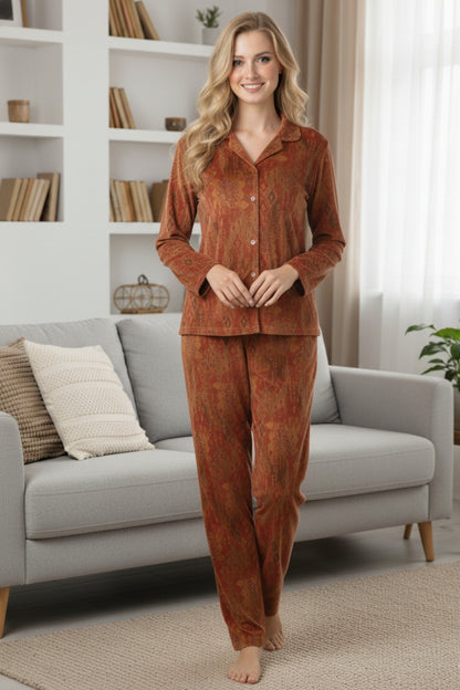 Fablush Women’s Front Open Full Sleeves Nightsuit | Soft Printed Velour Nightwear | FB37008