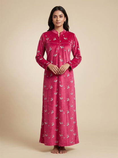 Fablush Women’s Nighty Full Sleeves | Nightwear | Velour | Fb38002 Pink