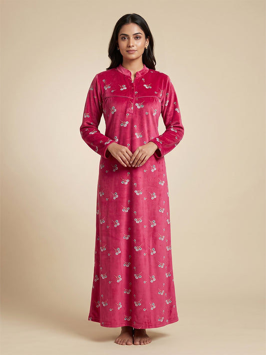 Fablush Women’s Nighty Full Sleeves | Nightwear | Velour | Fb38002 Pink