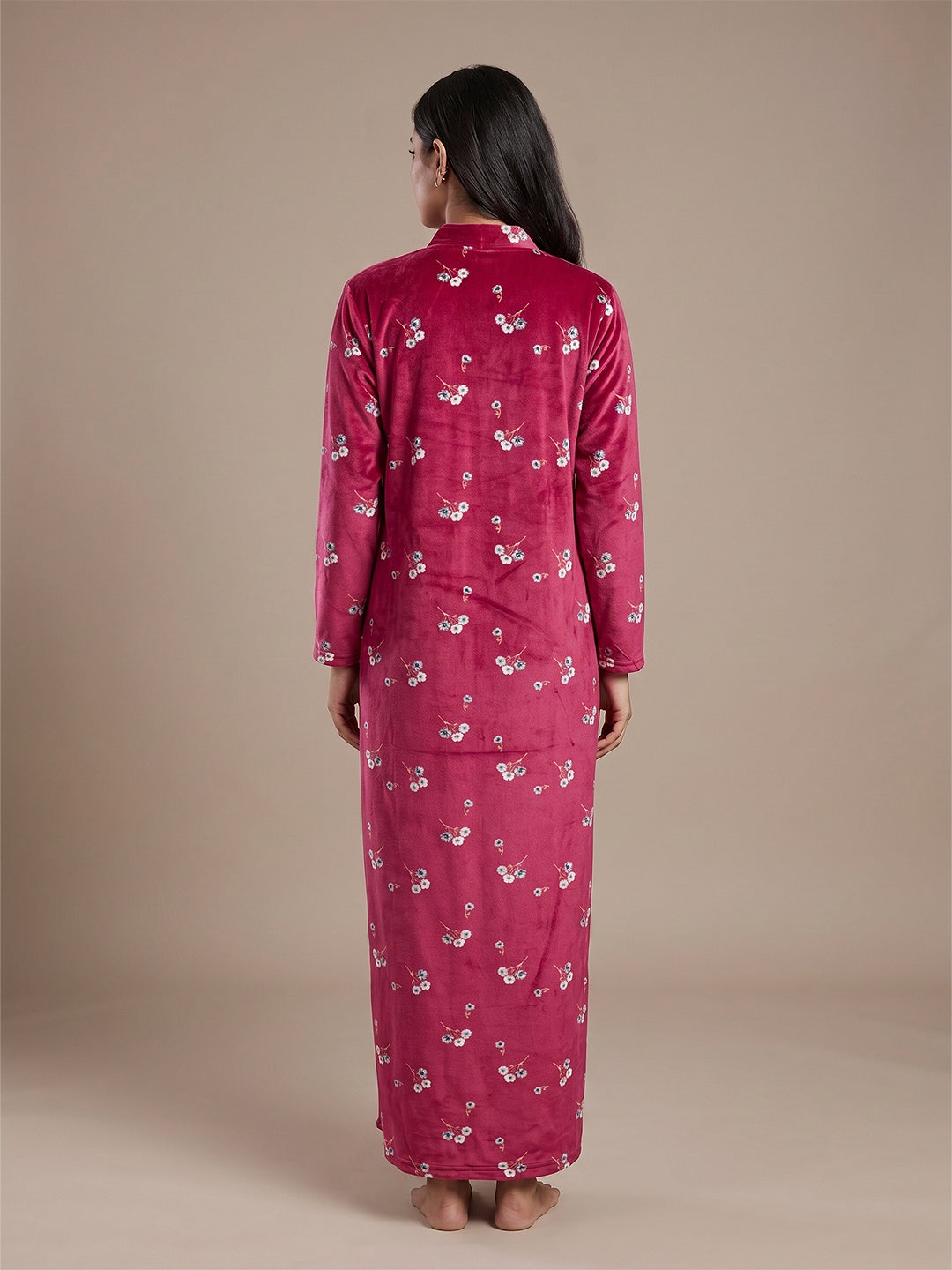 Fablush Women’s Nighty Full Sleeves | Nightwear | Velour | Fb38002 Pink