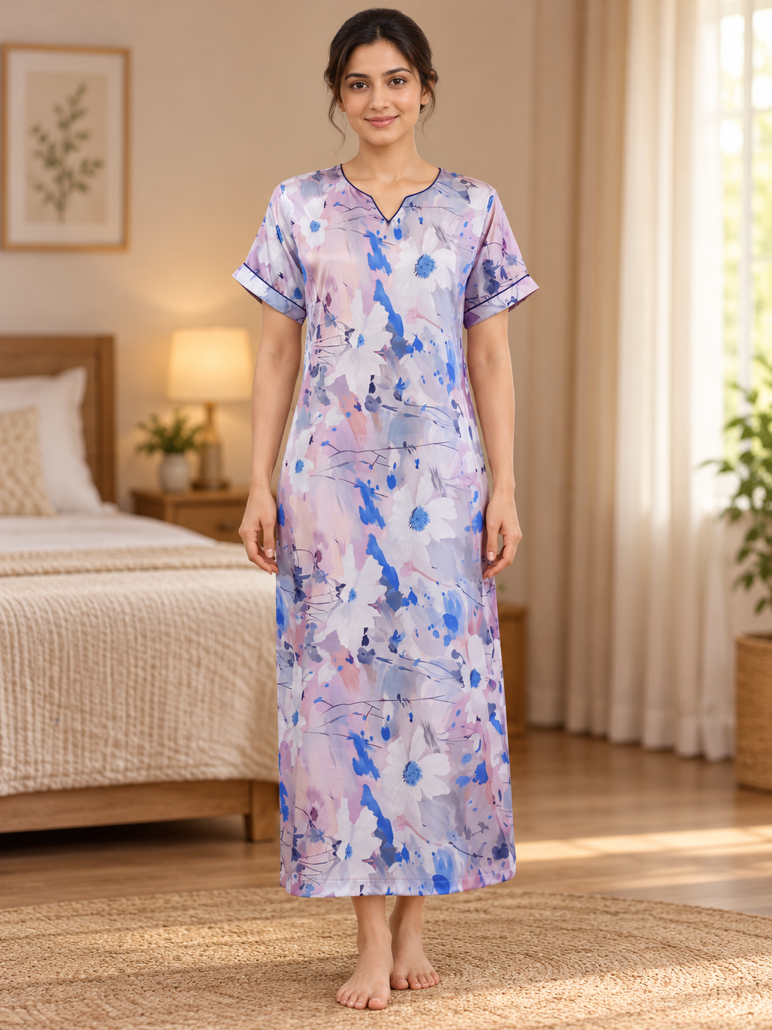 Fablush Women's Satin Long Nighty | Blue Printed Bridal Nightwear | FB508