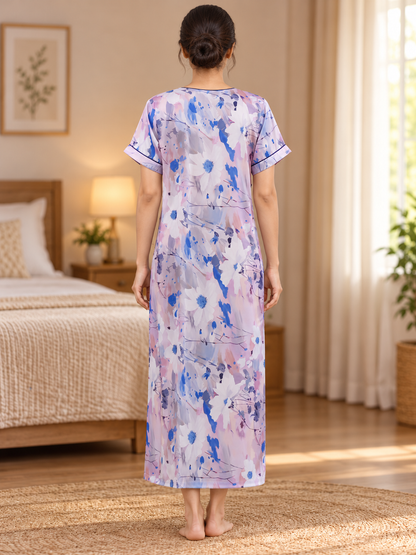 Fablush Women's Satin Long Nighty | Blue Printed Bridal Nightwear | FB508