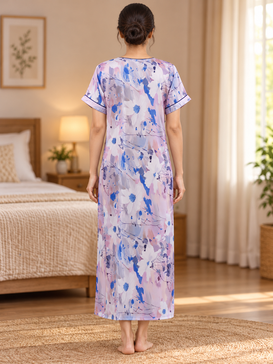 Fablush Women's Satin Long Nighty | Blue Printed Bridal Nightwear | FB508