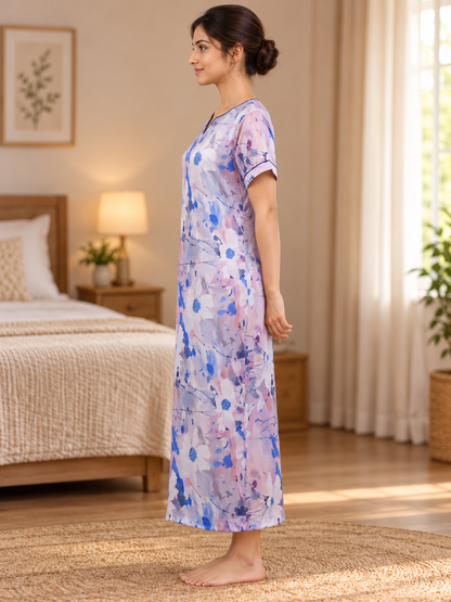 Fablush Women's Satin Long Nighty | Blue Printed Bridal Nightwear | FB508