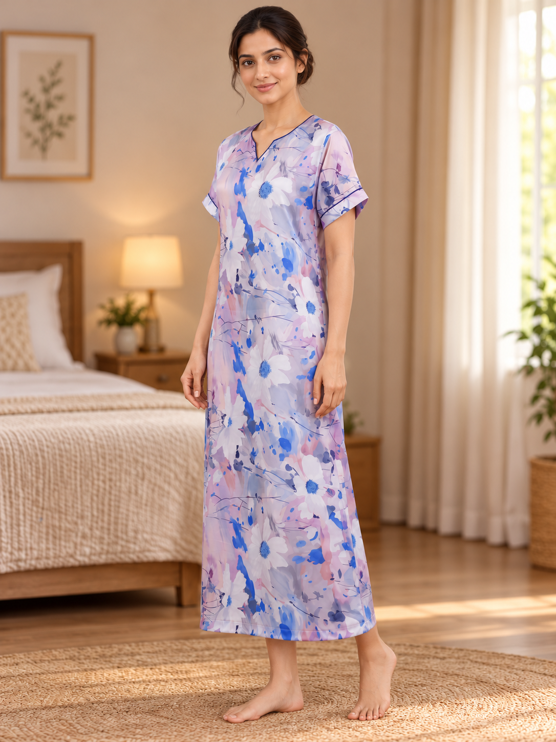 Fablush Women's Satin Long Nighty | Blue Printed Bridal Nightwear | FB508