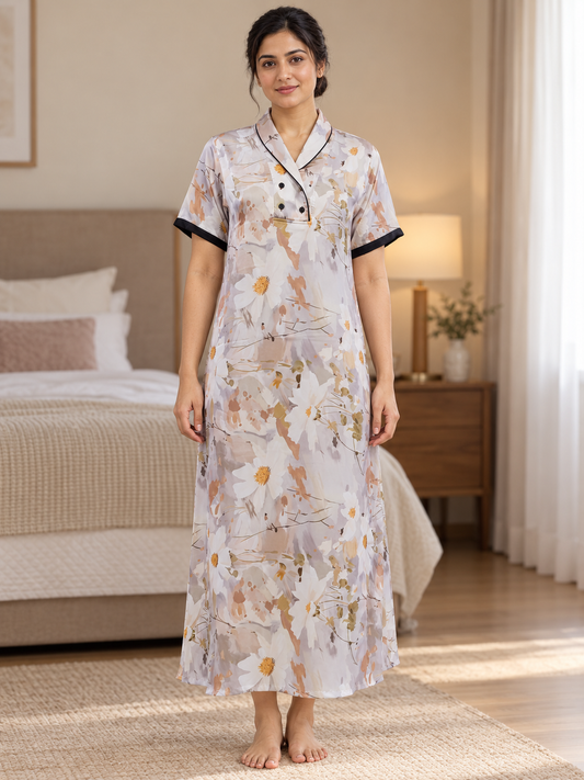 Fablush Women's Satin Long Nighty | Golden Printed Bridal Nightwear | FB509