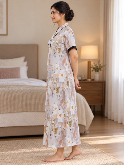 Fablush Women's Satin Long Nighty | Golden Printed Bridal Nightwear | FB509