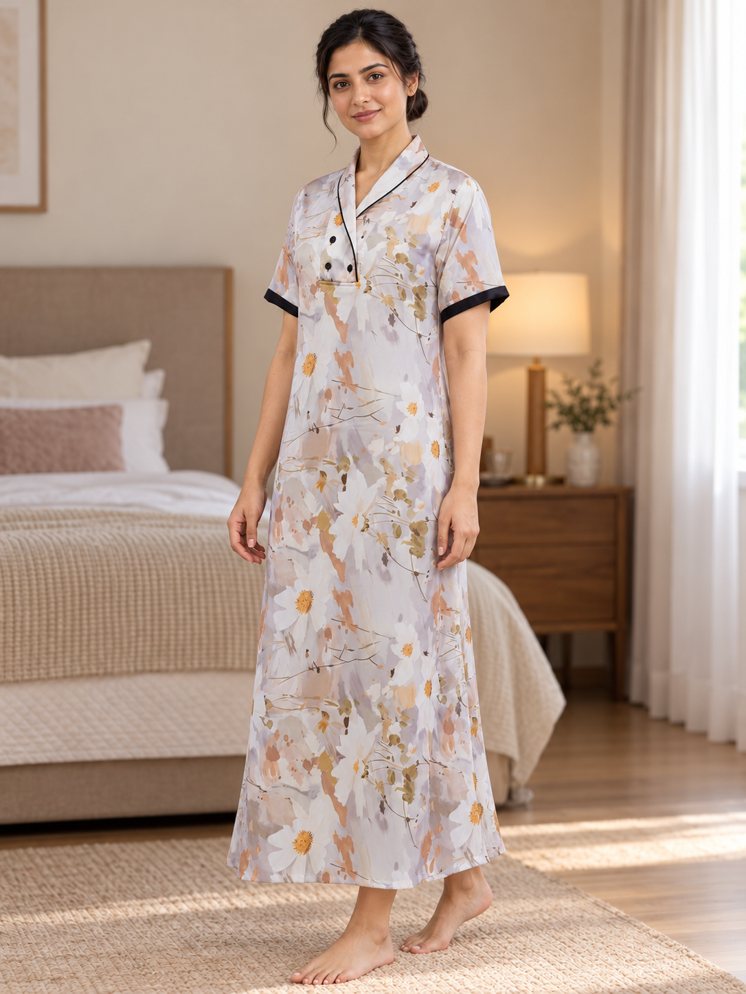 Fablush Women's Satin Long Nighty | Golden Printed Bridal Nightwear | FB509