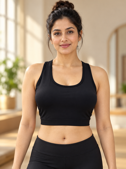 Fablush Women's Polyester Spandex Sports Bra | Gym and Yoga Workout Bra | FB808SB Black
