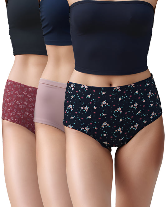 Fablush Women's Full Brief Panty Pack | Cotton Lycra | 2 Printed and 1 Solid Color | FBFB01