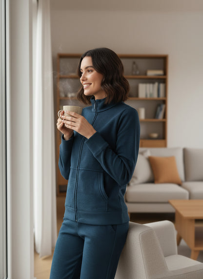 Woman in a blue tracksuit holding a mug in a cozy living room.