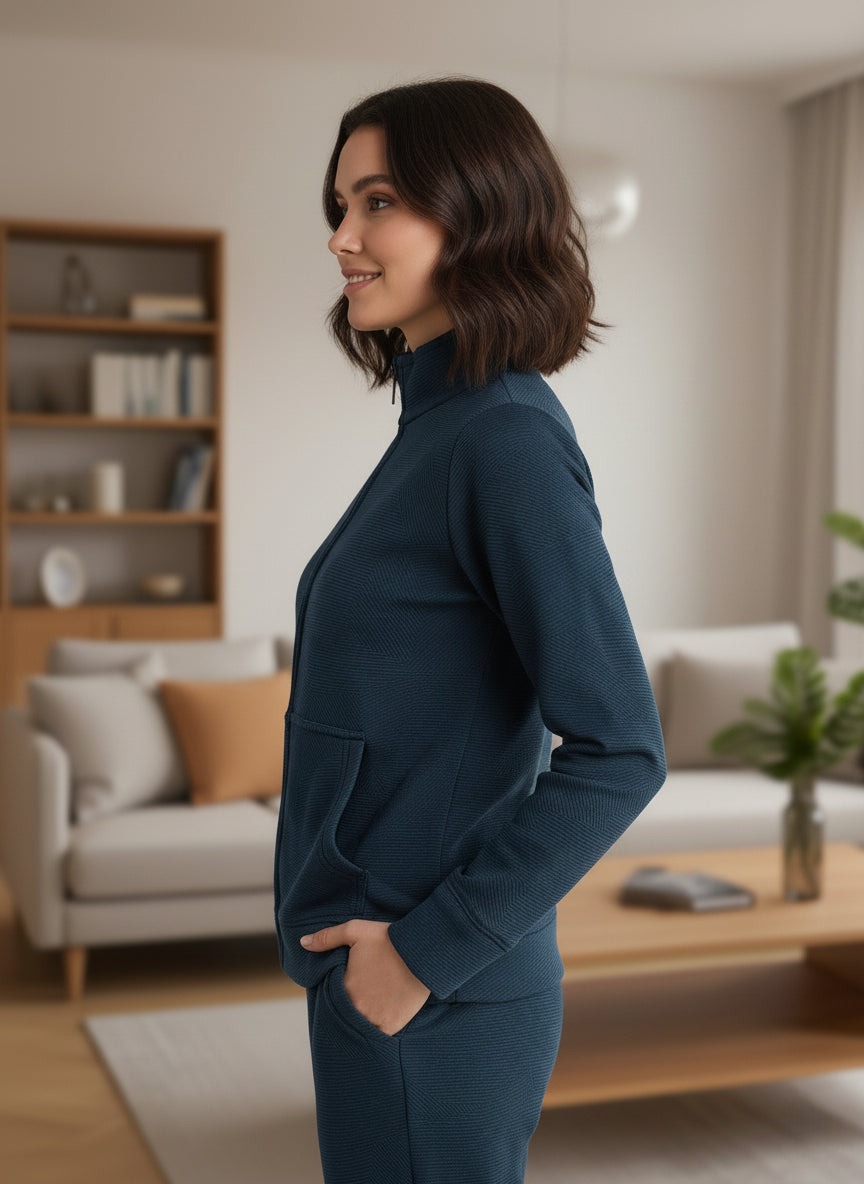 Woman in a teal outfit standing in a living room.